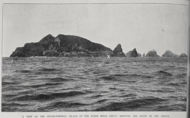 A view of the south western island of the Three Kings group, showing the scene of the wreckage