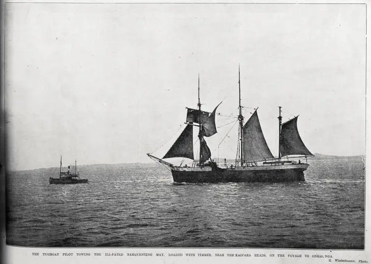 The tugboat pilot towing the ill-fated barquentine 'May', loaded with timber near the Kaipara Heads on the voyage to Onehunga