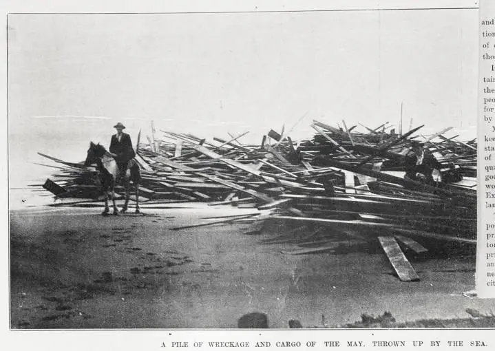 A pile or wreckage and cargo from the wreckage of the barquentine 'May', thrown up by the sea