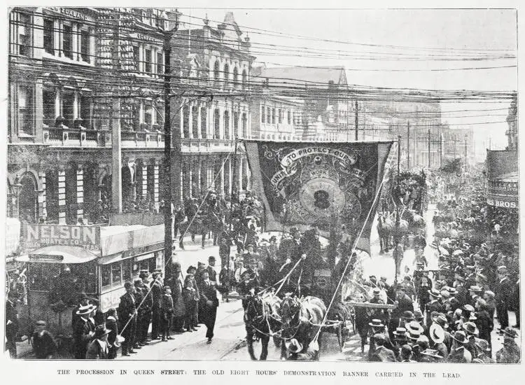 The procession in Queen Street, Auckland on Labour Day, 1902 with the old eight hours demonstration banner carried in the lead