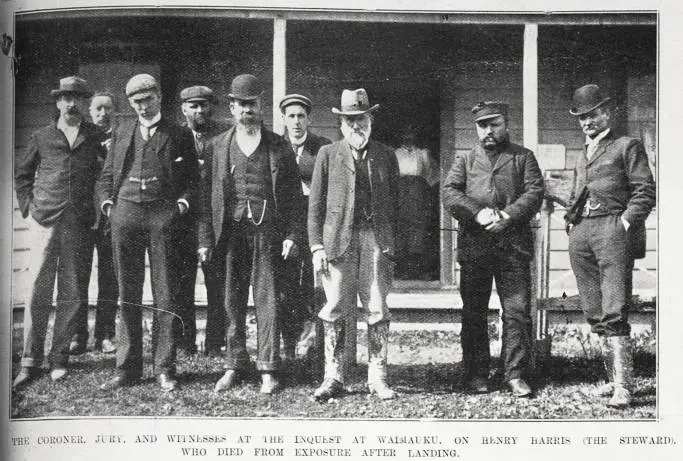 The Coroner, jury and witnesses at the inquest at Waimauku, on Henry Harris, the steward, who died from exposure after landing