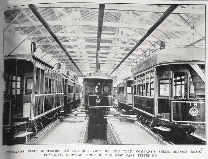 Auckland Electric Tramways Company's sheds in Jervois Road, Ponsonby, showing some of the new cars fitted out