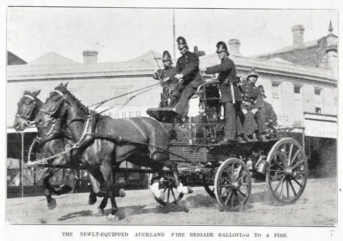 The newly equipped Auckland fire brigade galloping to a fire