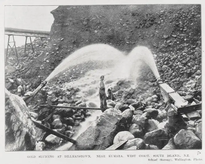 Gold sluicing at Dillmanstown near Kumara, West Coast, South Island