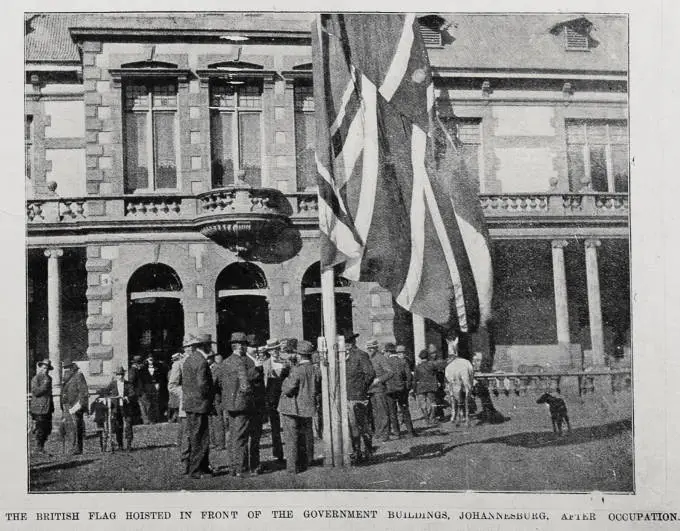 The British flag hoisted in front of the Government buildings, Johannesburg after occupation
