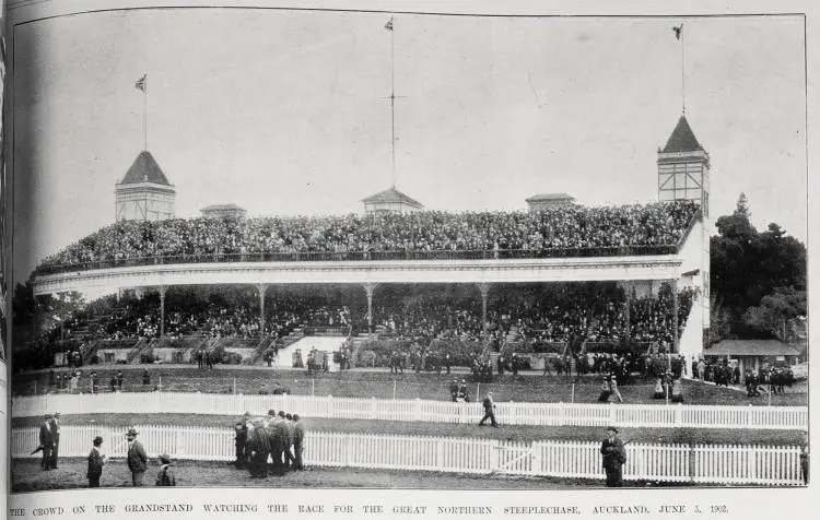 The crowd on the grandstand at Ellerslie Racecourse watching the race for the Great Northern Steeplechase at the Auckland Racing Club's Grand National Meeting, 3 June 1902