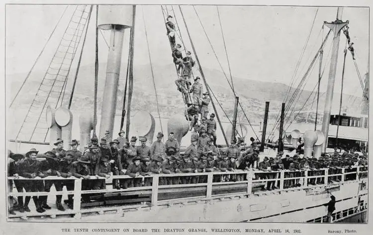The10th New Zealand Contingent on board the troopship 'Drayton Grange', Wellington, 14 April 1902