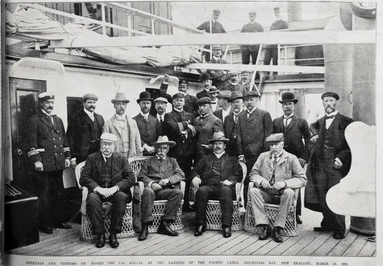 Officials and visitors on board the C S Anglia at the landing of the Pacific Cable, Doubtless Bay, Northland, 24 March, 1902