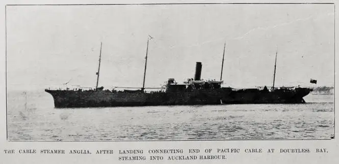 The cable steamer 'Anglia', after landing the connecting end of the Pacific cable at Doubtless Bay, steaming into Auckland harbour