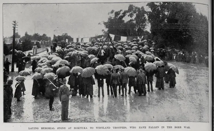Laying of a memorial stone at Hokitika to the Westland troopers who have fallen in the Boer War