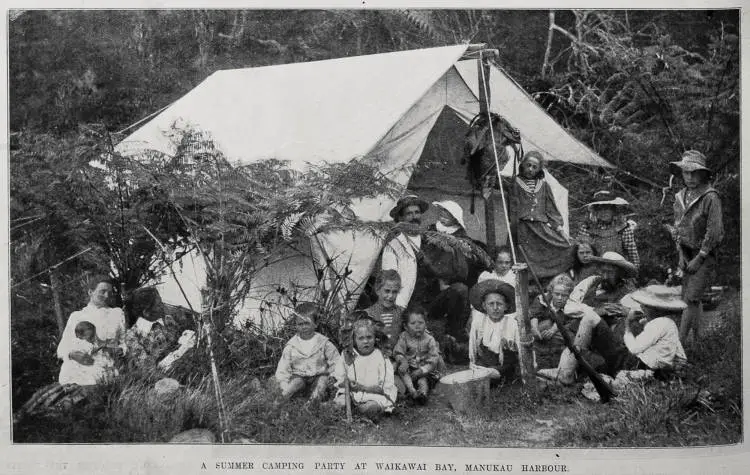 A summer camping party at Waikawai Bay on the Manukau Harbour