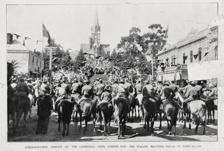 The commemoration service at the Nelson Cathedral on Jubilee day, the Mounted Rifles (foreground)