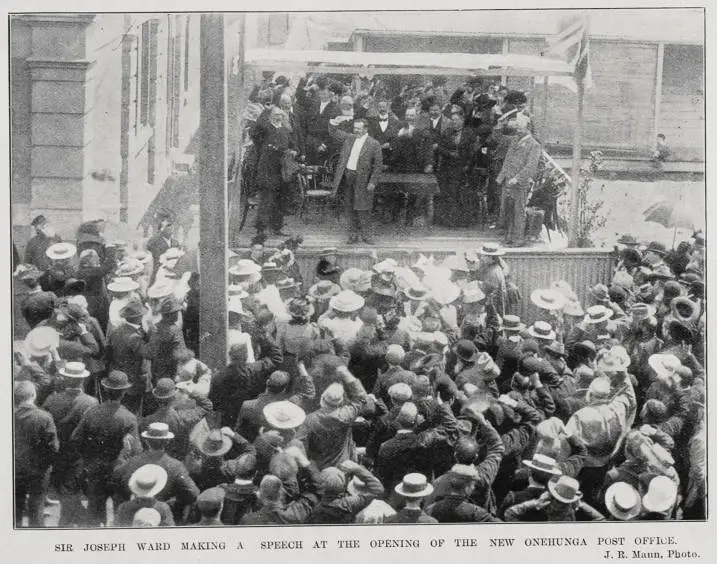 Sir Joseph Ward making a speech at the opening of the Onehunga Post Office