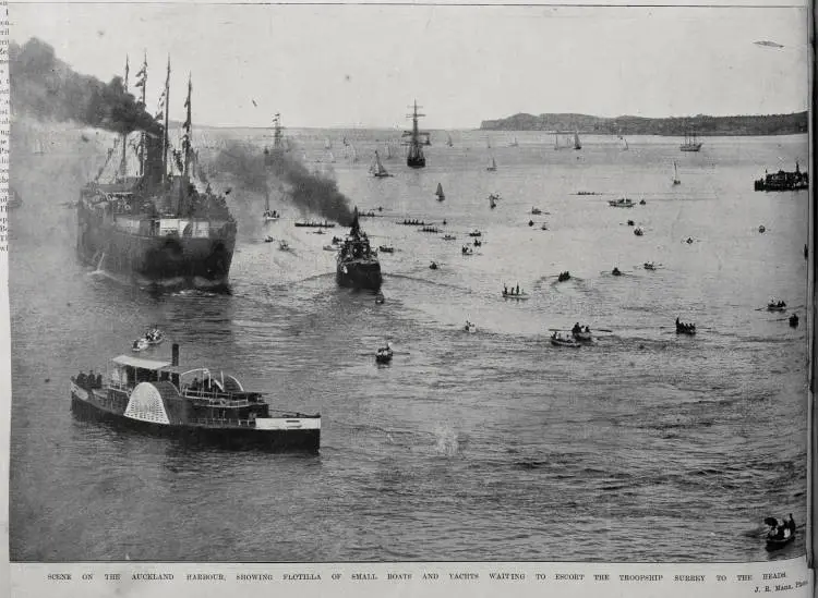 Scene on the Auckland Harbour, a flotilla of small boats and yachts on the Waitemata Harbour waiting to escort the troopship 'Surrey' to the heads
