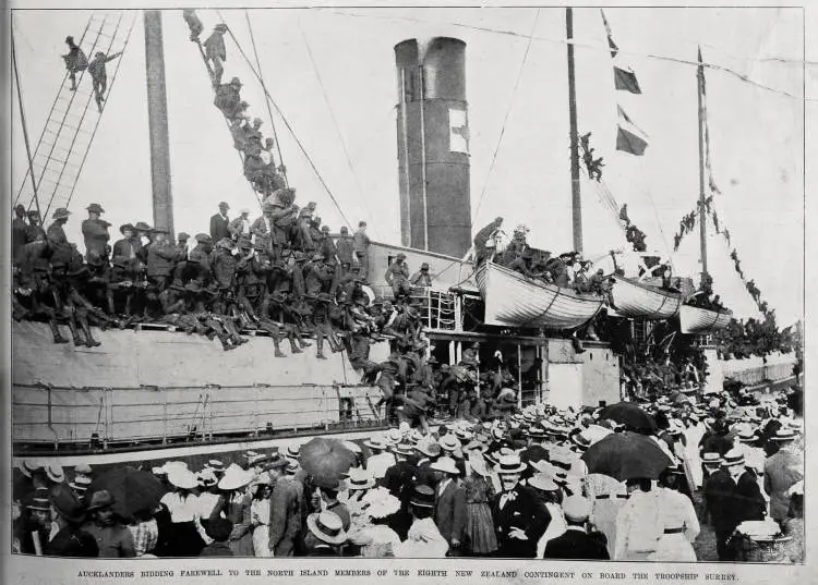 Aucklanders bidding farewell to the North Island members of the 8th New Zealand Contingent on board the troopship 'Surrey'