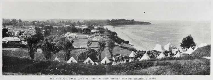 The Auckland Naval artillery camp at Fort Cautley, showing Cheltenham Beach