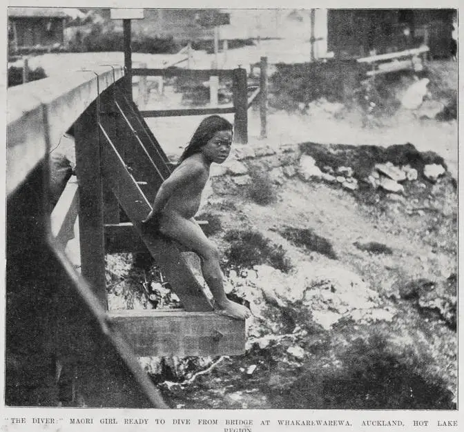 The Diver: Maori girl ready to dive from bridge at Whakarewarewa, Auckland, Hot Lake Region