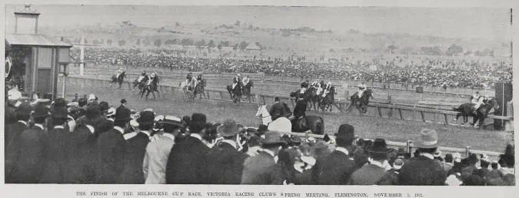 The finish of the Melbourne Cup Race, Victoria Racing Club's Spring Meeting, Flemington, November 5, 1901