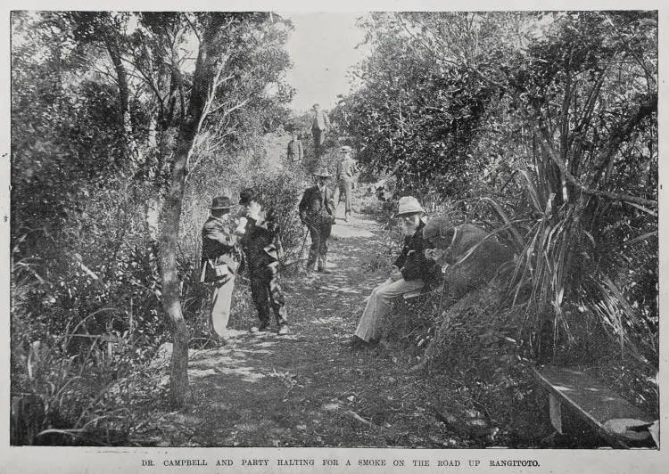 Dr Campbell and party halting for a smoke on the road up Rangitoto