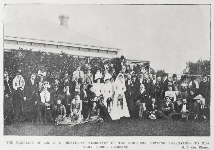 The marriage of Mr J H Mentiplay (secretary of the Northern Bowling Association) to Miss Mary Ferris, Gisborne