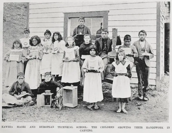 Kawhia Maori and European Technical School: the children showing their handiwork in carving