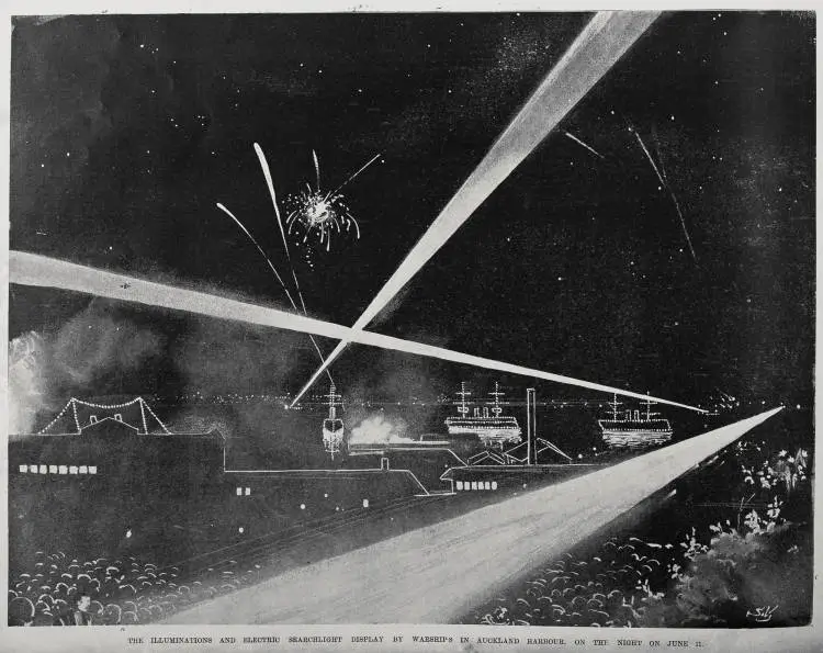 The illuminations and electric searchlight display by warships in Auckland Harbour, on the night of June 11
