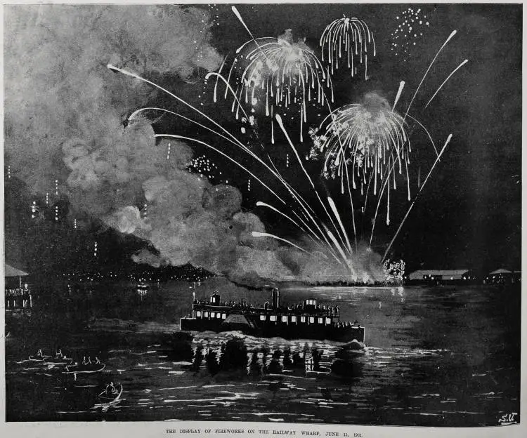 The display of fireworks on the Railway Wharf, June 11, 1901