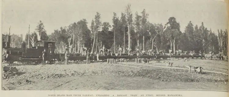 NORTH ISLAND MAIN TRUNK RAILWAY: UNLOADING A BALLAST TRAIN AT UTIKU, BEYOND MANGAWEKA