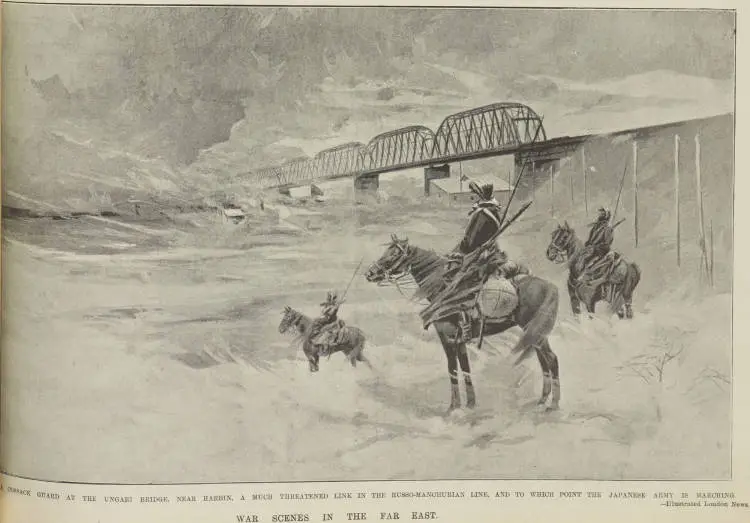 A cossack guard at the Ungari Bridge, near Harbin, a much threatened link in the Russo-Manchurian line, and to which point the Japanese Army is marching