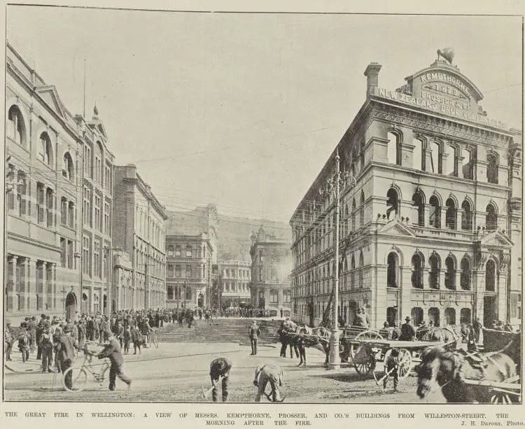 The great fire in Wellington: a view of Messrs. Kempthorne, Prosser, and Co.'s buildings from Willeston-Street