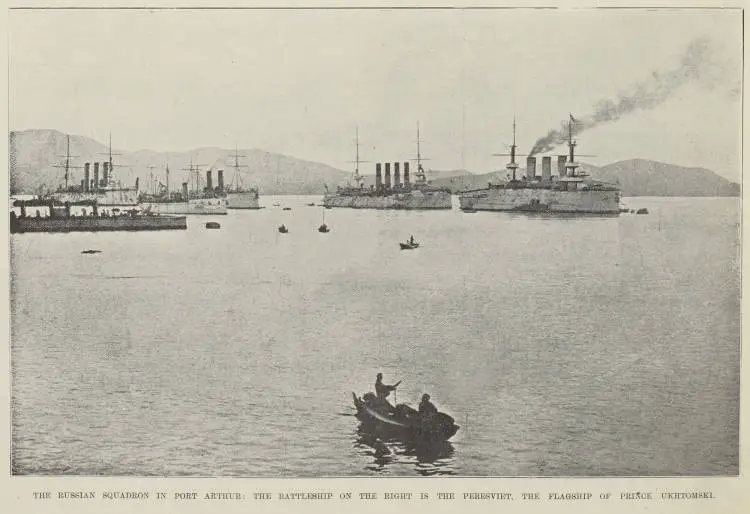The Russian squadron in Port Arthur: the battleship on the right is the Peresviet, the flagship of Prince Ukhtomski