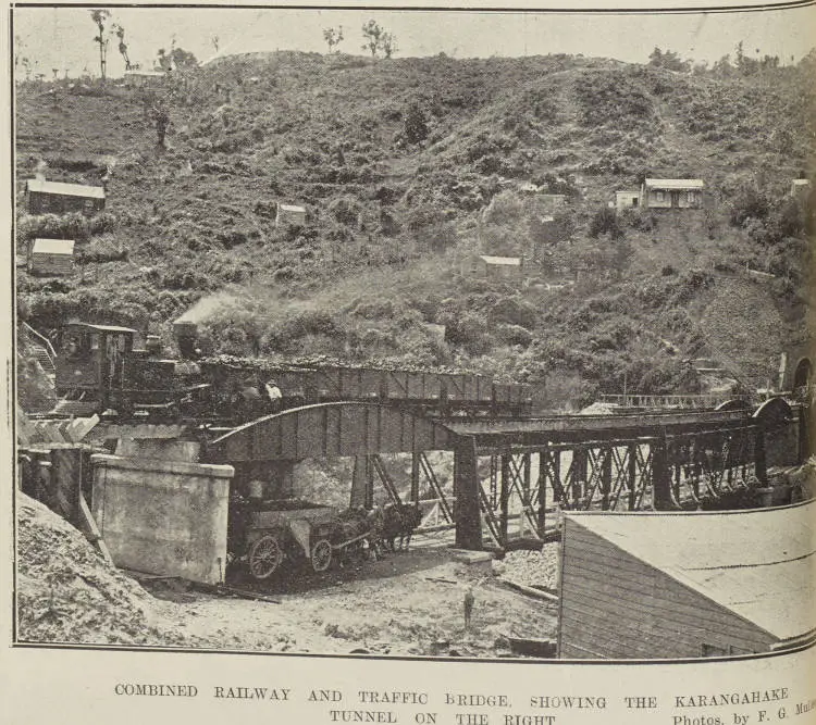 Combined railway and traffic bridge, showing the Karangahake tunnel on the right