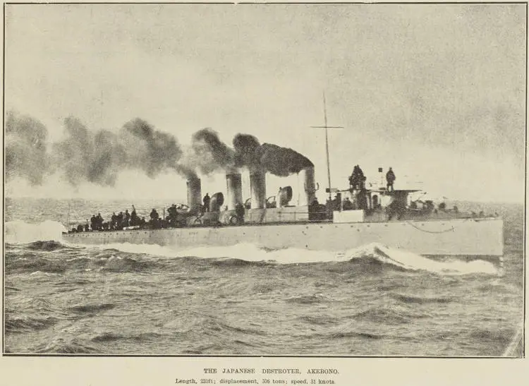 The Japanese destroyer, Akebono. Length, 220ft; displacement, 306 tons; speed, 31 knots