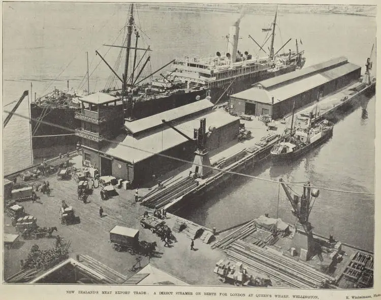 New Zealand's meat export trade: a direct steamer on berth for London at Queen's Wharf, Wellington