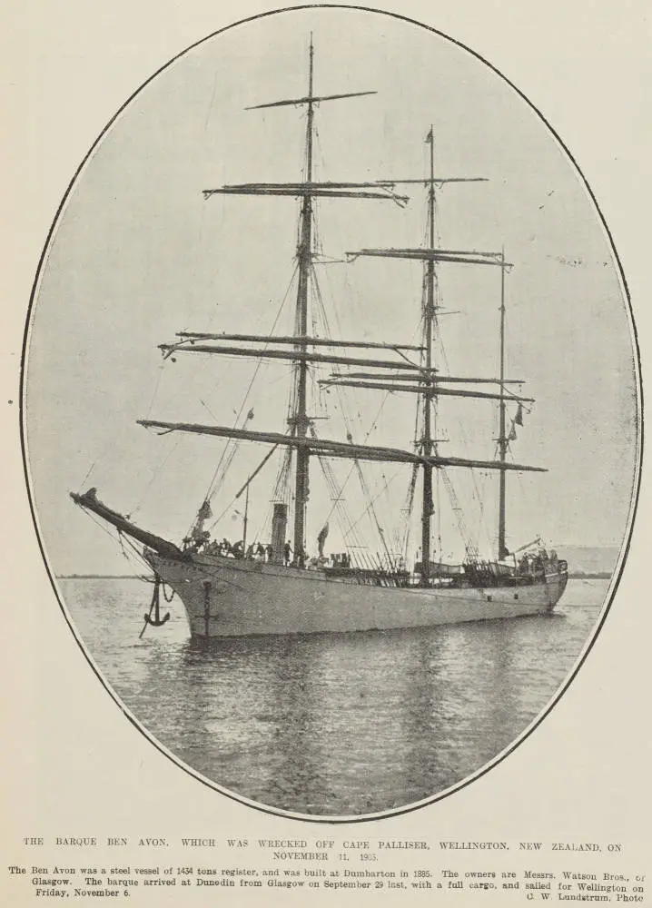 The barque Ben Avon, which was wrecked off Cape Palliser, Wellington, New Zealand, on November 11, 1903