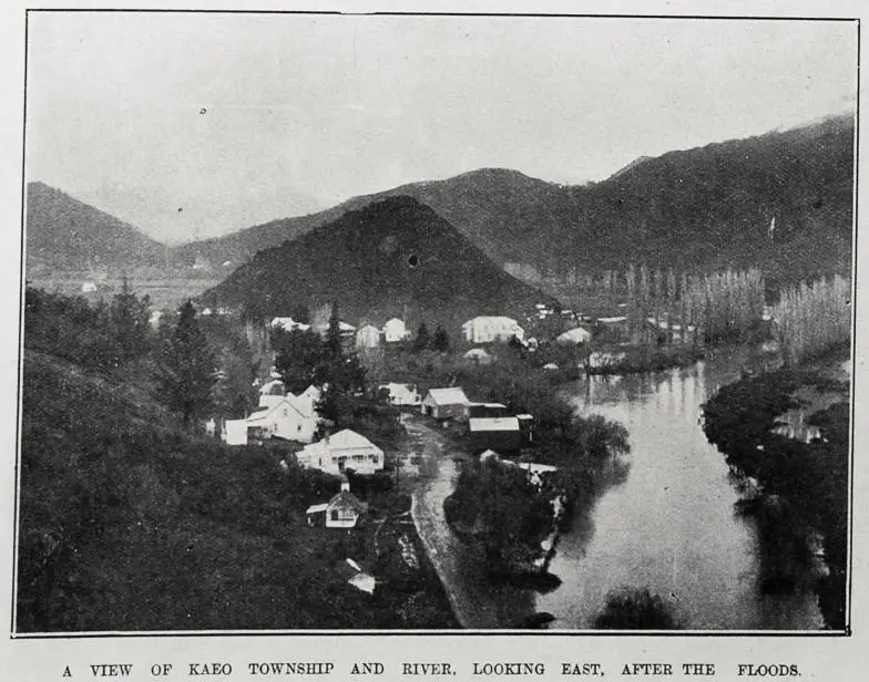 A view of Kaeo township and river, looking east, after the floods