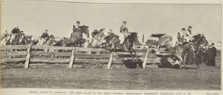 Winter racing in Australia: the first round of the Grand National Steeplechase, Flemington, Melbourne, July 11, 1903