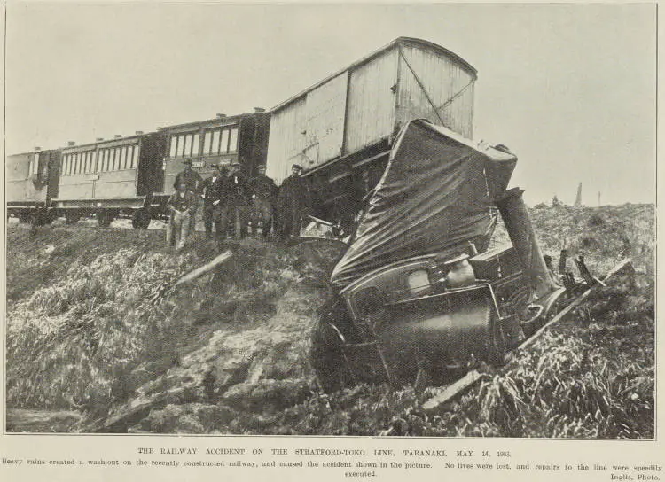 The railway accident on the Stratford-Toko line, Taranaki, May 14, 1903