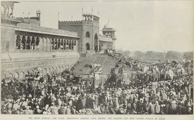 The Delhi Durbar: the state procession passing Jama Masjid, the largest and most sacred mosque in Delhi