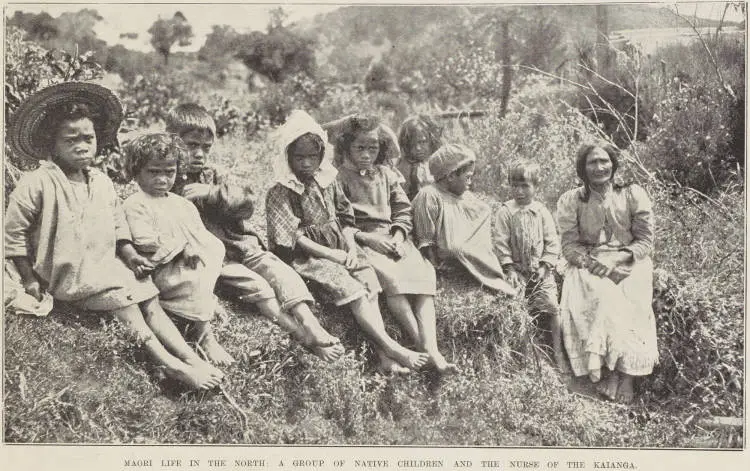 Māori life in the north: a group of native children and the nurse of the kaianga