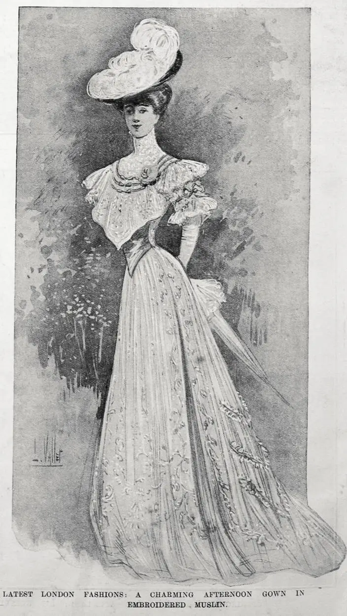 LATEST LONDON FASHIONS: A CHARMING AFTERNOON GOWN IN EMBROIDERED MUSLIN