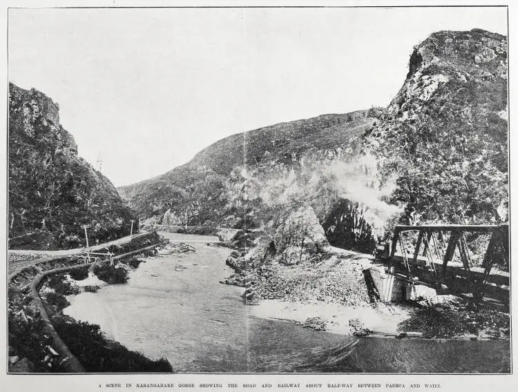 A SCENE IN KARANGAHAKE GORGE SHOWING THE ROAD AND RAILWAY ABOUT HALF-WAY BETWEEN PAEROA AND WAIHI