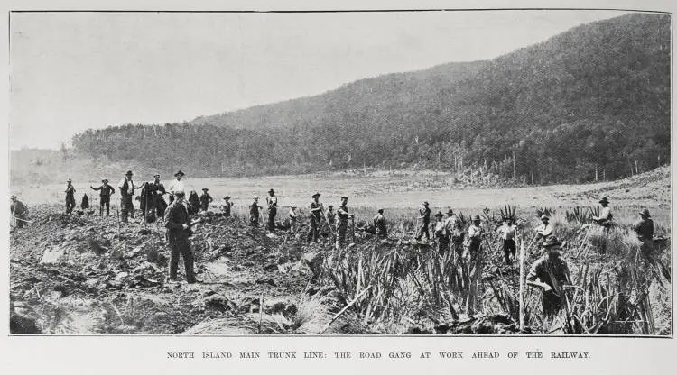 NORTH ISLAND MAIN TRUNK LINE: THE ROAD GANG AT WORK AHEAD OF THE RAILWAY