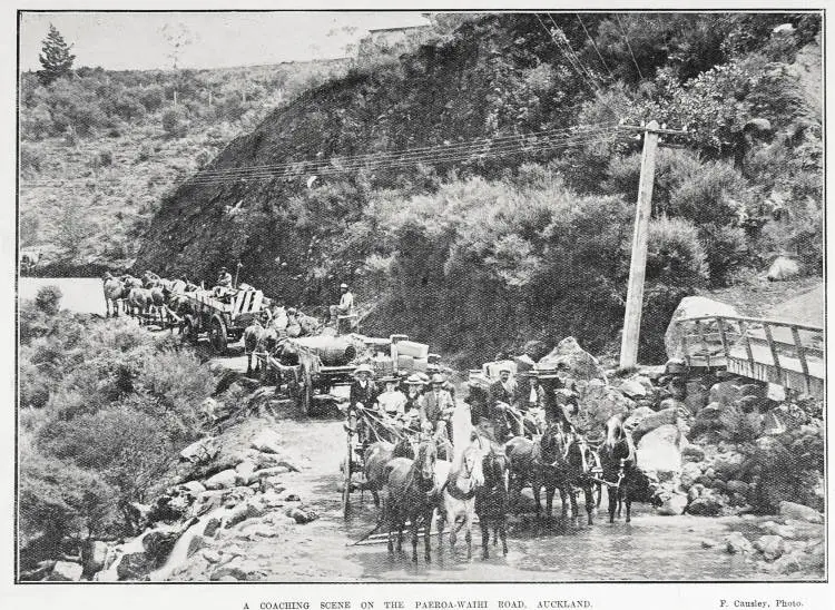 A COACHING SCENE ON THE PAEROA-WAIHI ROAD, AUCKLAND