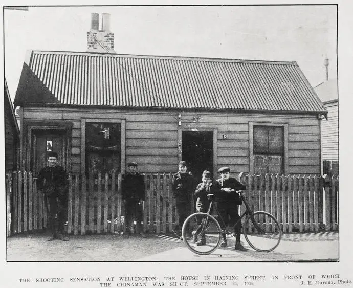 THE SHOOTING SENSATION AT WELLINGTON: THE HOUSE IN HAINING STREET, IN FRONT OF WHICH THE CHINAMAN WAS SHOT, SEPTEMBER 24, 1905