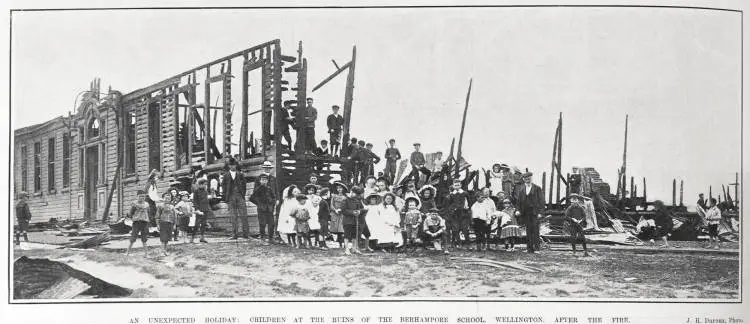 An unexpected holiday: children at the ruins of the Berhampore School, Wellington, after the fire