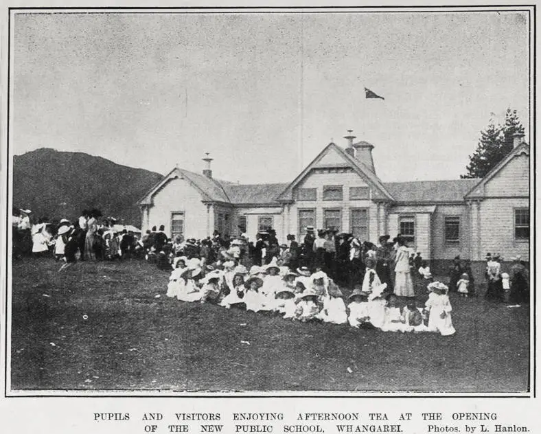 PUPILS AND VISITORS ENJOYING AFTERNOON TEA AT THE OPENING OF THE NEW PUBLIC SCHOOL, WHANGAREI