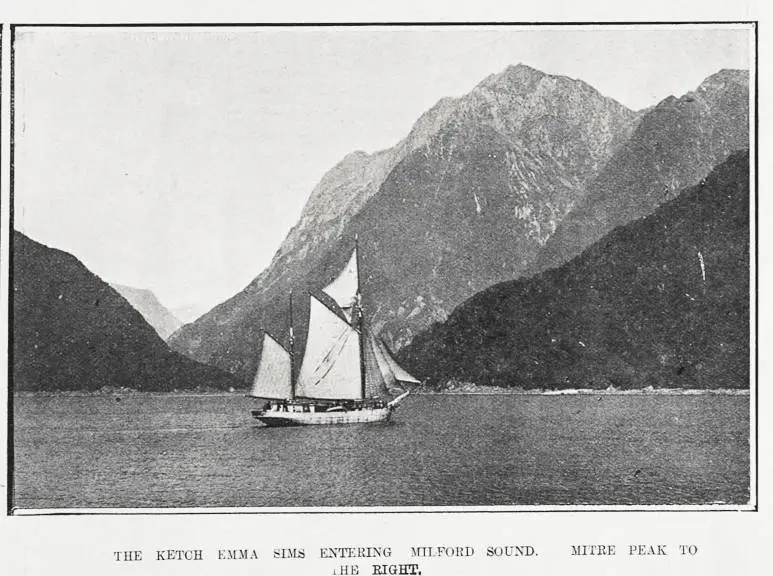 THE KETCH EMMA SIMS ENTERING MILFORD SOUND. MITRE PEAK TO THE RIGHT