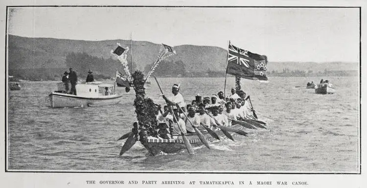 THE GOVERNOR AND PARTY ARRIVING AT TAMATEKAPUA IN A MAORI WAR CANOE