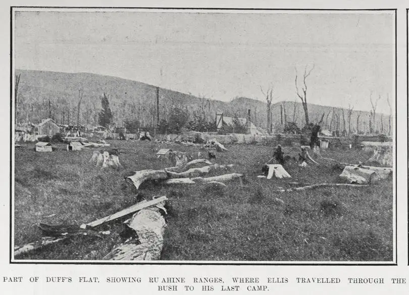FART OF DUFF'S FLAT, SHOWING RUNAHINE RANGES, WHERE FLLIS TRAVELLED THROUGH THE BUSH TOHIS LAST CAMP